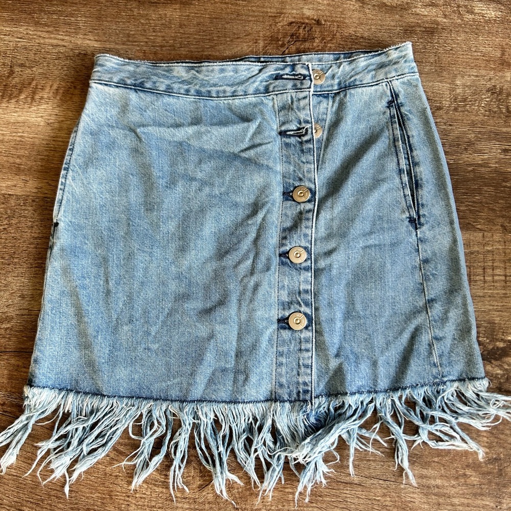 3x1 Light Blue Denim Fringe Skirt